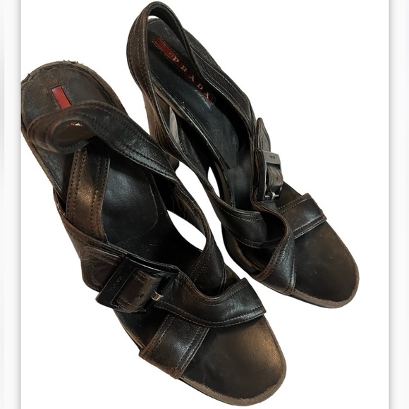 Prada Buckle Open Toe Strappy Heels Sandals EUR 38 US 8 Brown - Picture 3 of 10
